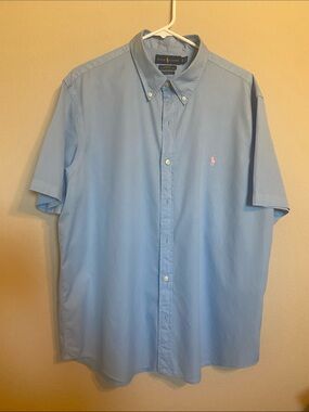 Ralph Lauren Light Blue Short Sleeve Button-Down Shirt with Pink Polo Logo